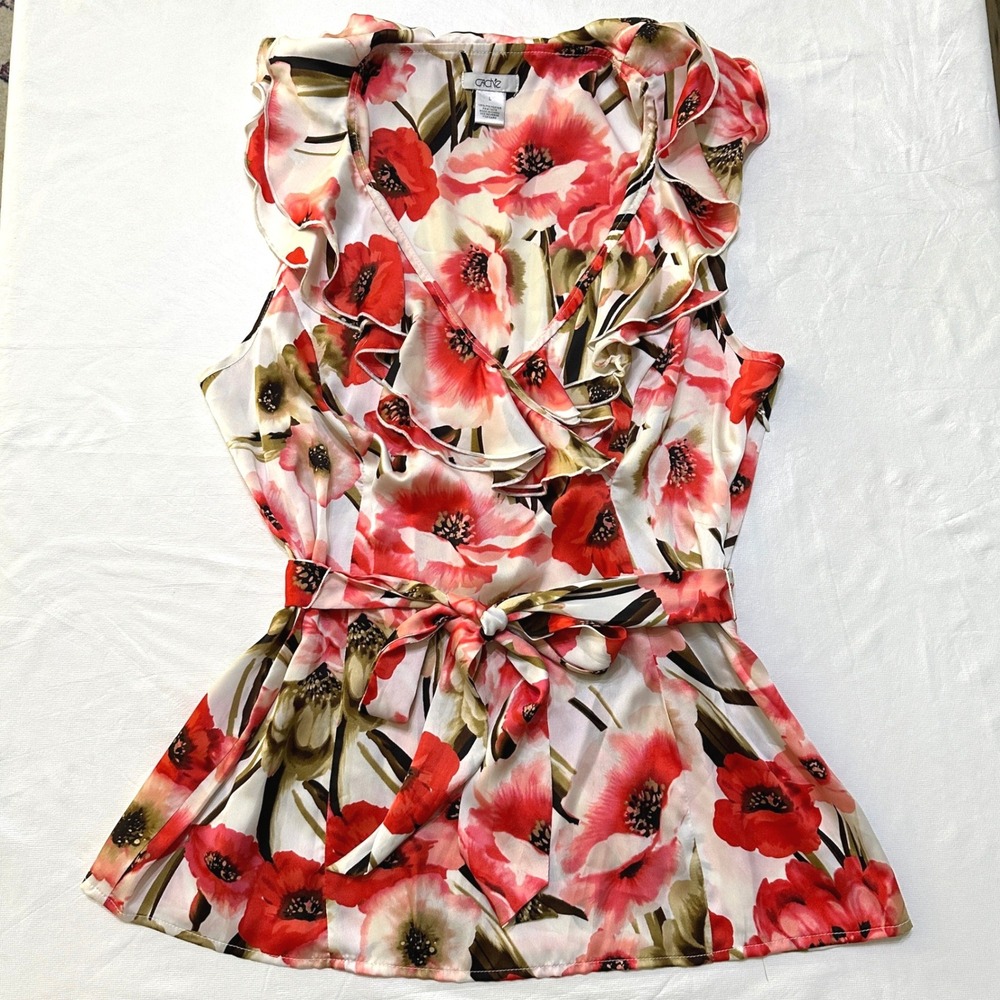CACHE Vintage Y2K Floral Ruffle V-Neck Blouse L Red Poppy Sleeveless Belted Top